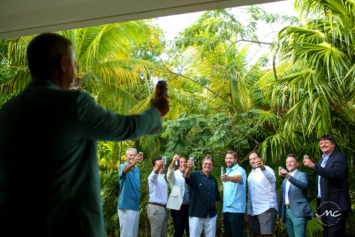 Groom and groomsmen fun shot at Blue Diamond Luxury Boutique Hotel, Mexico. Martina Campolo Photography