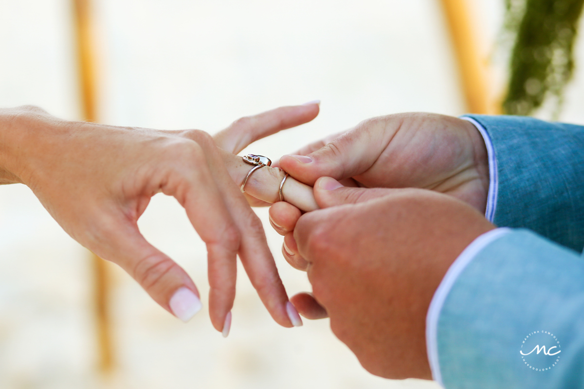 Ring exchange at Blue Diamond Riviera Maya Beach Wedding in Mexico. Martina Campolo Photography