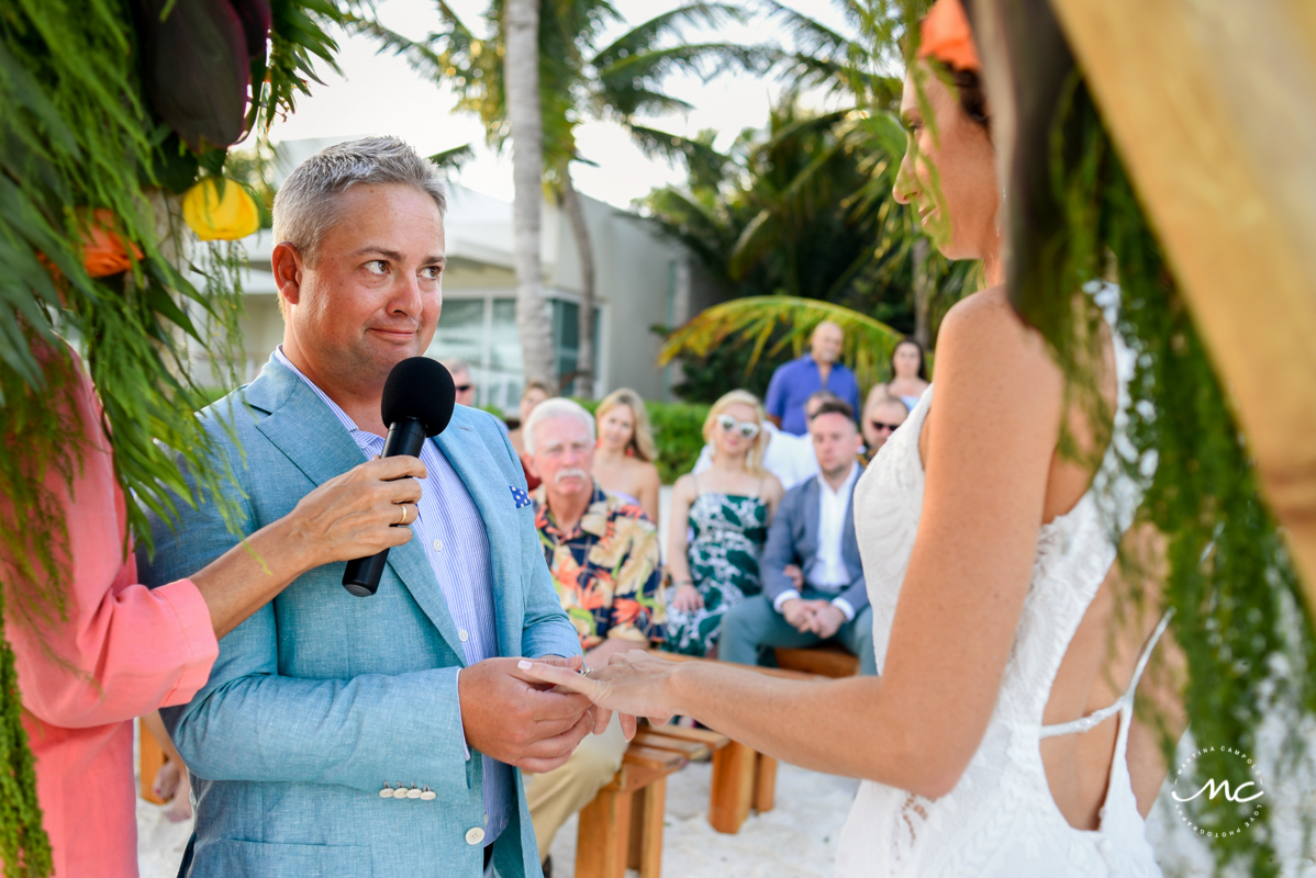 Ring exchange at Blue Diamond Riviera Maya Beach Wedding in Mexico. Martina Campolo Photography