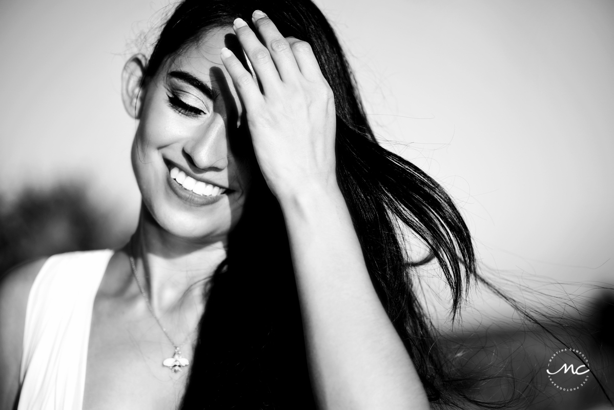 Black and white bride portrait at Chable Maroma, Mexico. Martina Campolo Photography