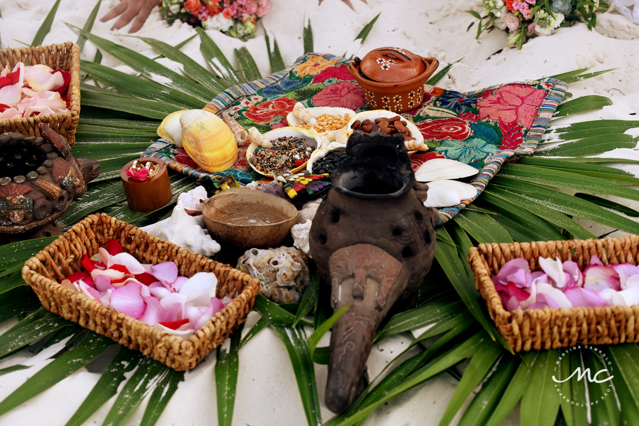 Offerings for Mayan Wedding Ceremony at Andaz Mayakoba, Mexico. Martina Campolo Photography