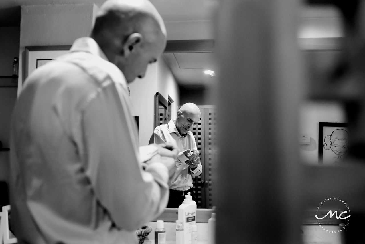 French groom getting ready in black and white. Martina Campolo, Riviera Maya Wedding Photography