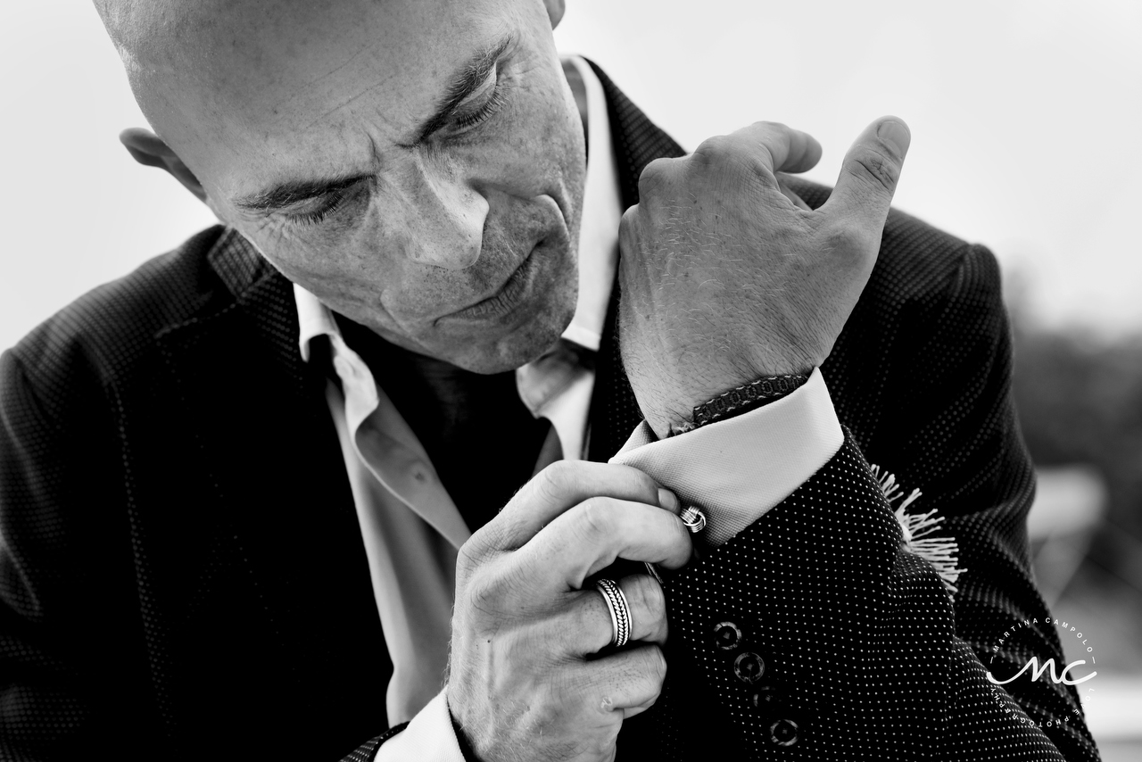 French groom portrait in black and white. Martina Campolo, Riviera Maya Wedding Photography