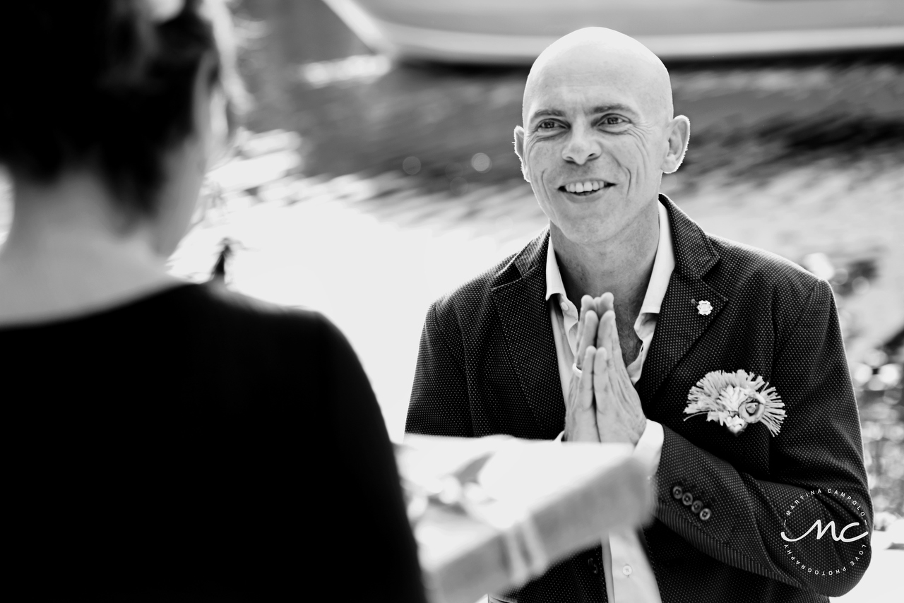 Emotional groom receives his present. Puerto Aventuras Wedding by Martina Campolo Photography