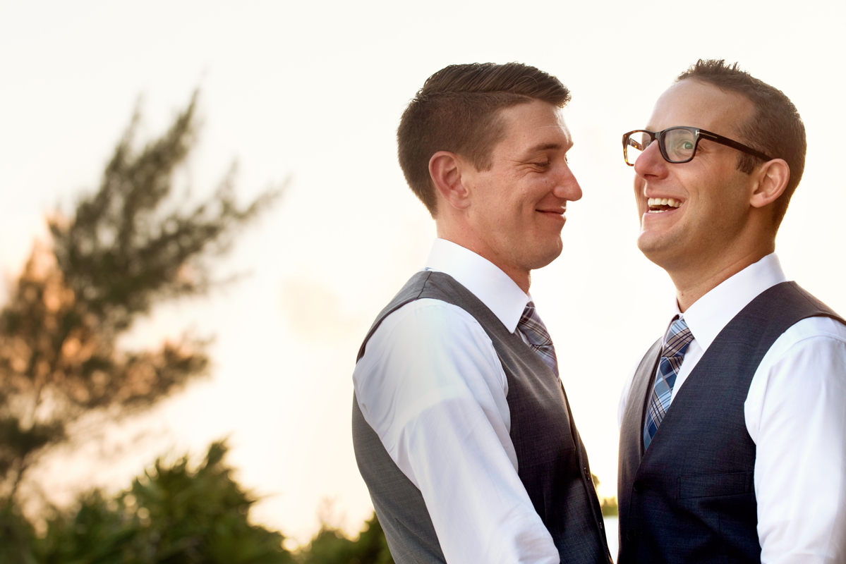 Groom and groom sunset beach portraits in Playa del Carmen, Mexico by Martina Campolo Jewish Wedding Photography