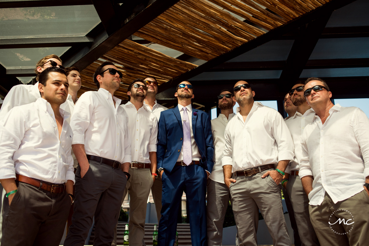 Groom & groomsmen portrait at Grand Hyatt Playa del Carmen, Mexico. Martina Campolo Photography