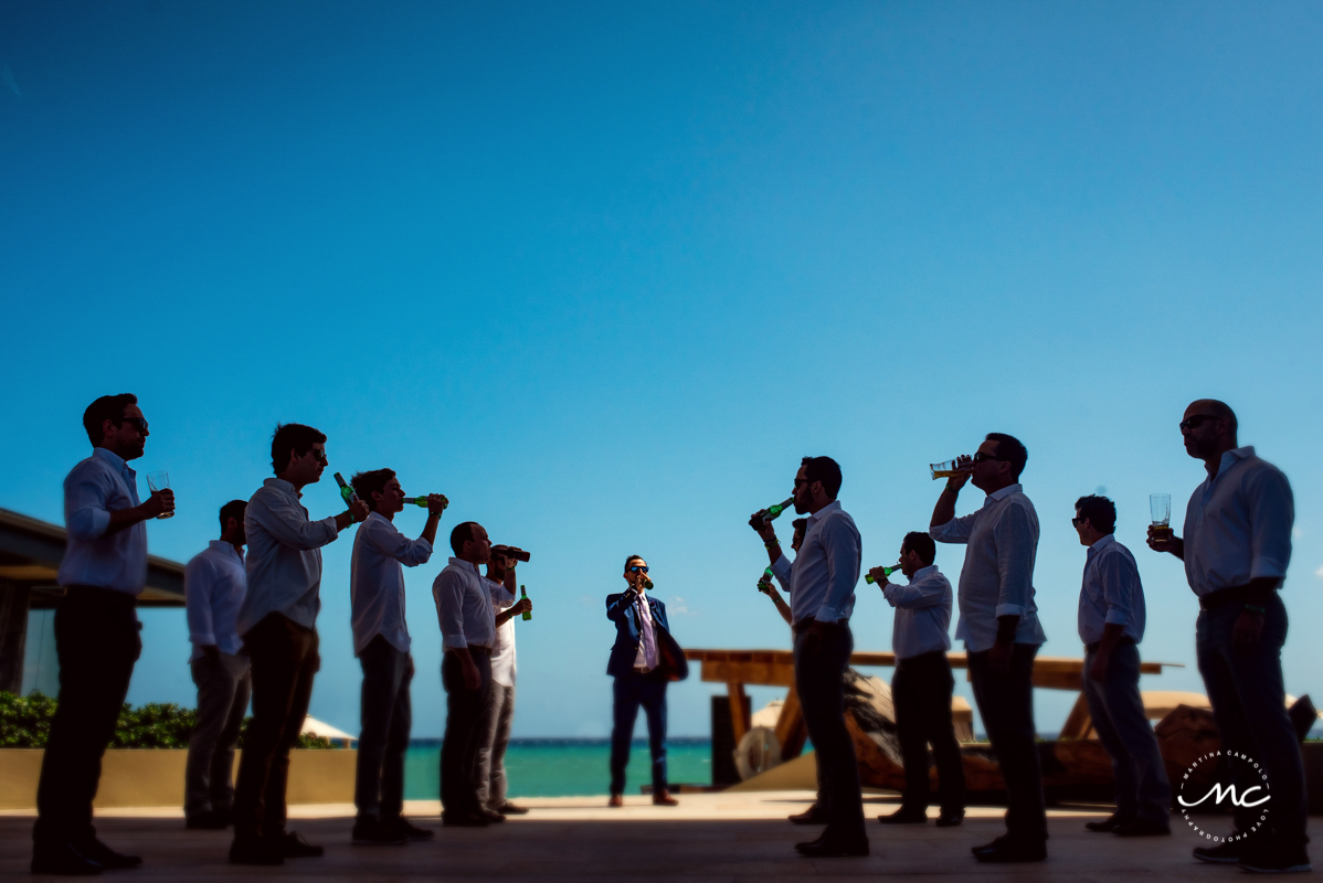 Groom & groomsmen portrait at Grand Hyatt Playa del Carmen, Mexico. Martina Campolo Photography