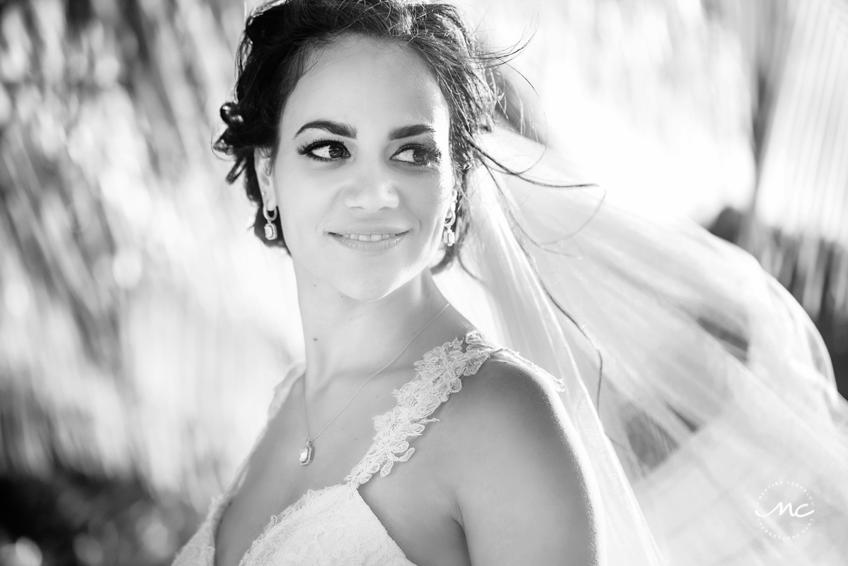 Black & white bride portraits at Blue Venado Beach in Mexico. Martina Campolo Photography