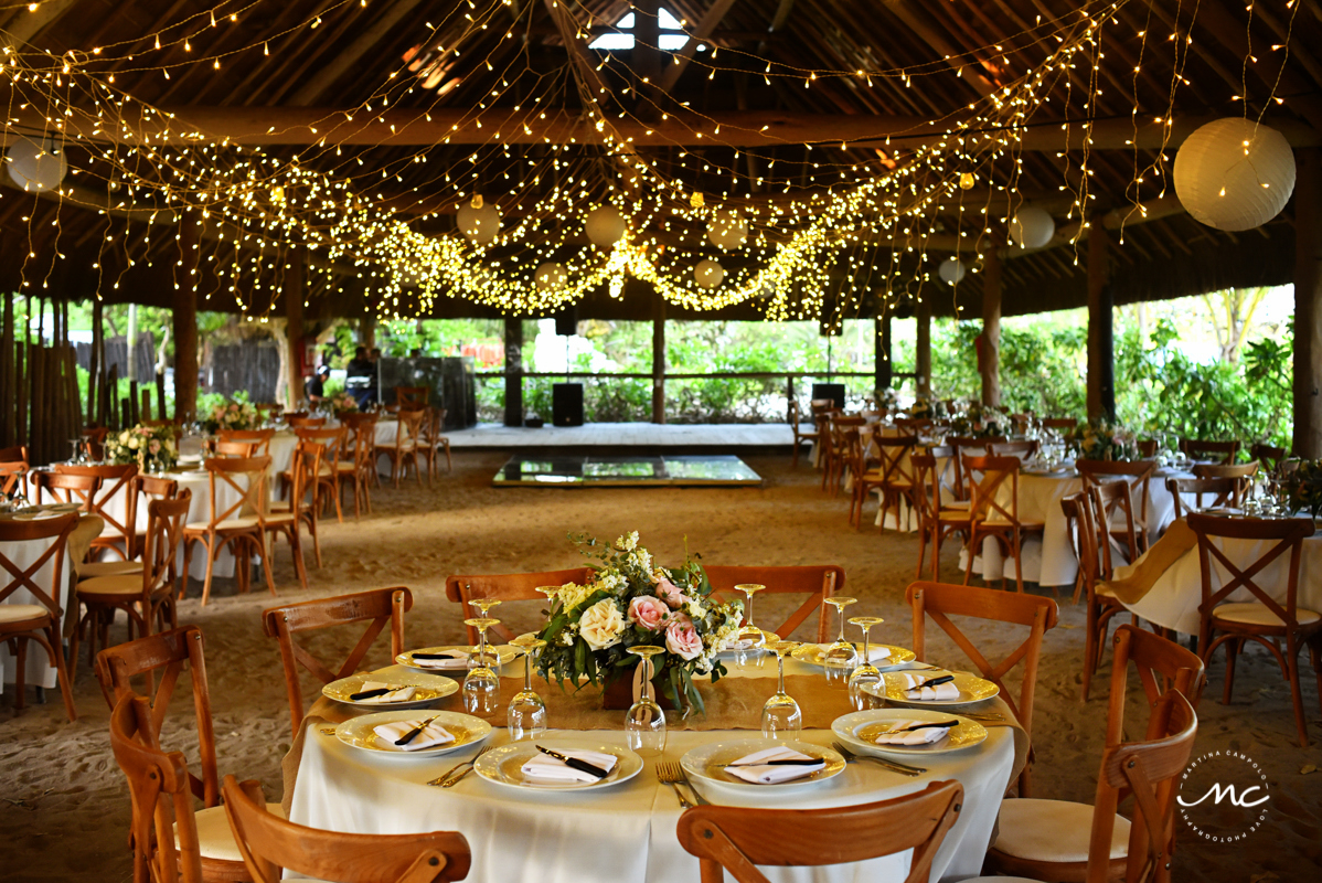 Romantic wedding reception design with string lights at Blue Venado Beach, Mexico. Martina Campolo Photography