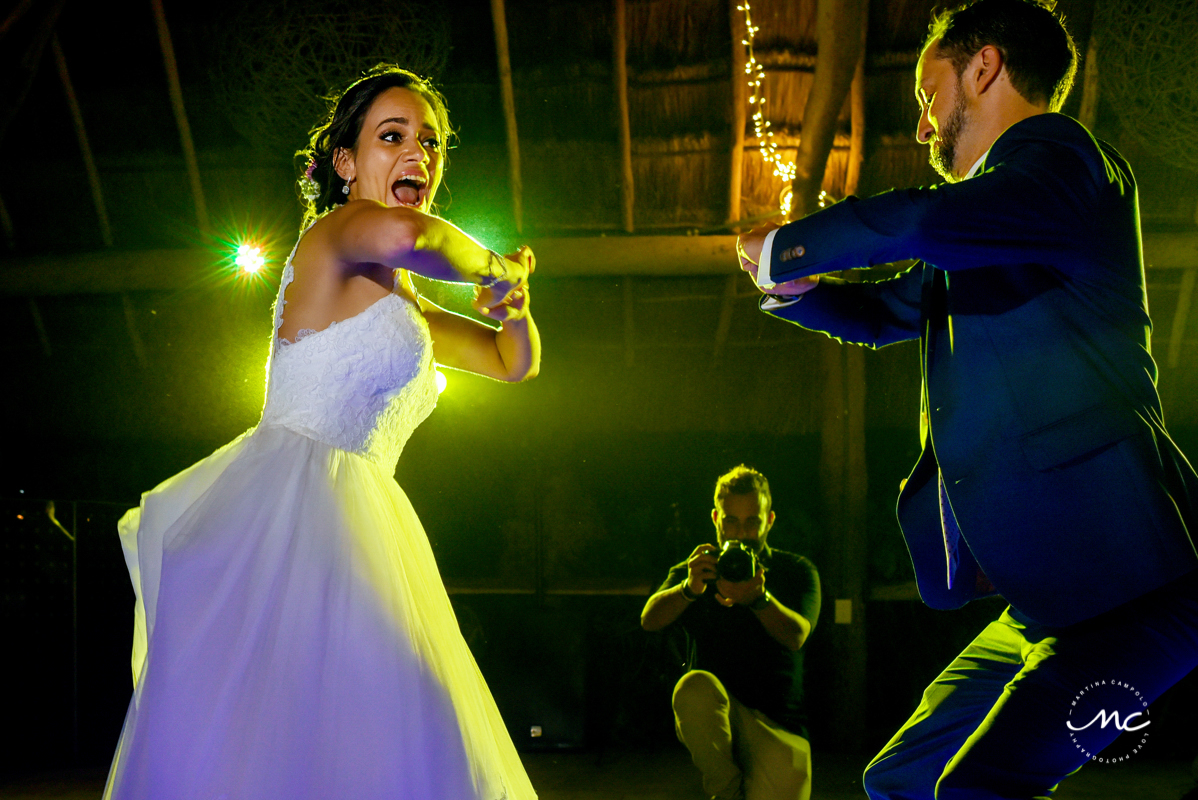 Bride and groom fun dance. Blue Venado Wedding in Mexico by Martina Campolo Photography