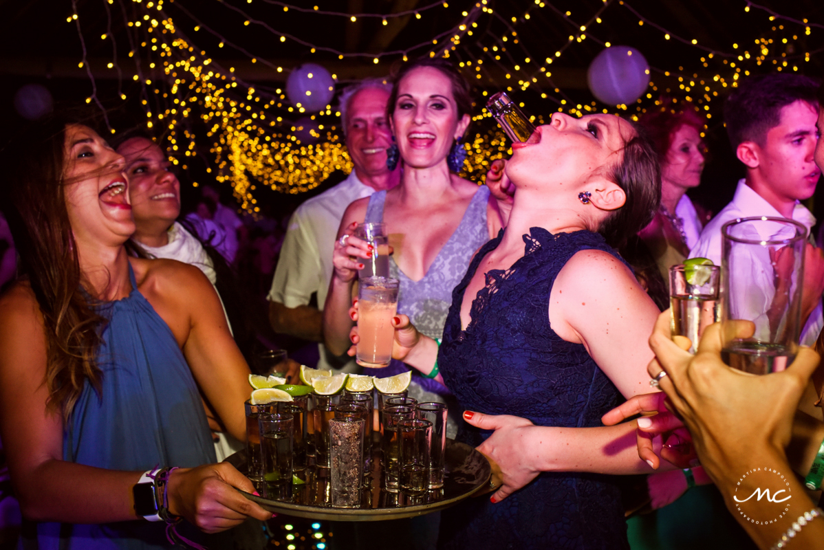 Tequila shots at Blue Venado Wedding in Mexico. Martina Campolo Photography