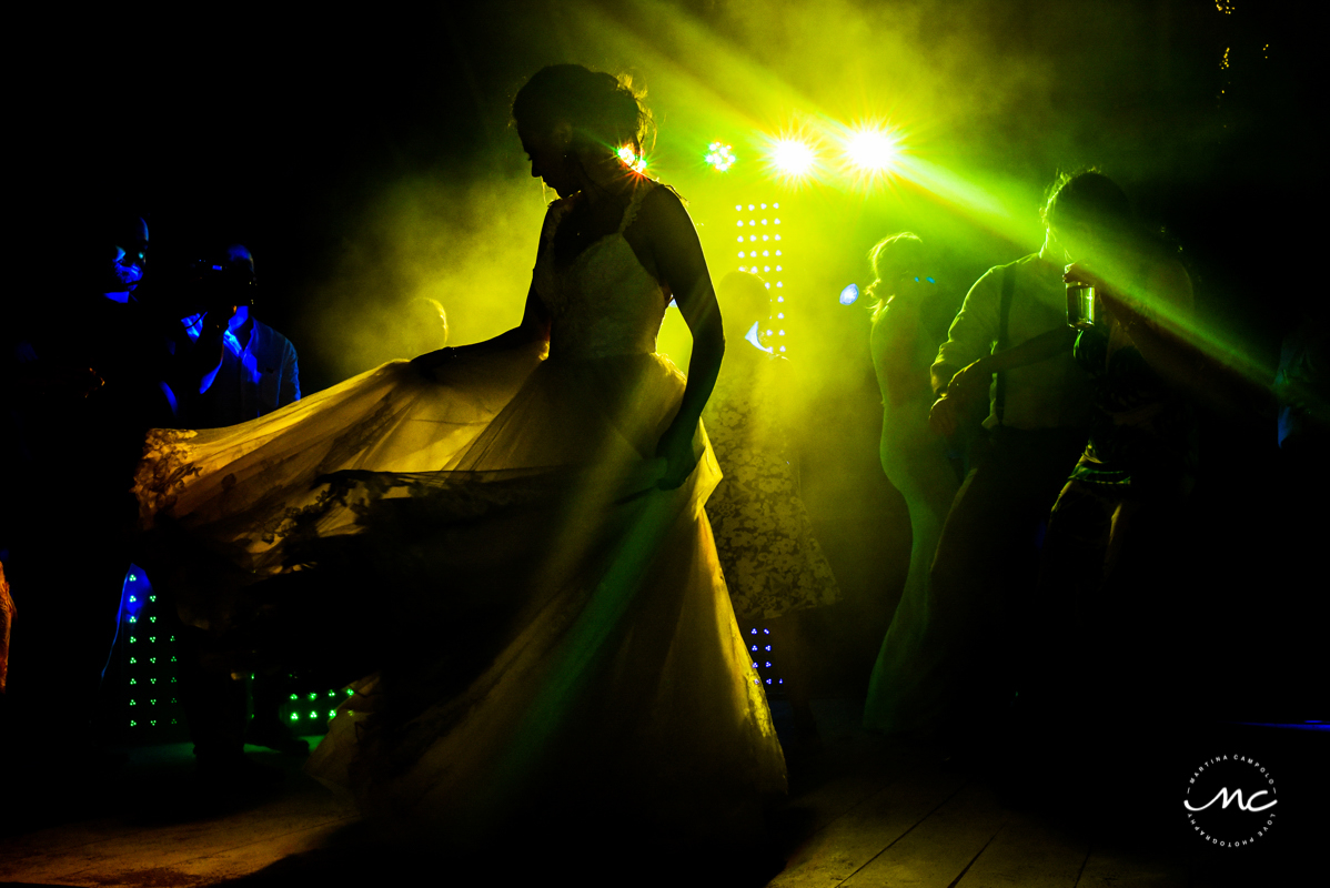 Destination Bride dances at Blue Venado Wedding in Mexico. Martina Campolo Photography