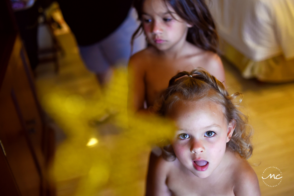 Cute flower girls getting ready for a Now Sapphire destination wedding in Mexico. Martina Campolo Photography