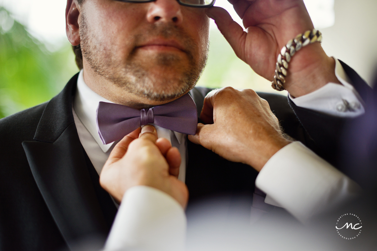 Groom with bow tie at Now Sapphire Riviera Cancun, Mexico. Martina Campolo Photography