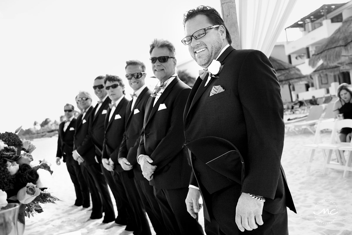 Groom and groomsmen in black and white. Now Sapphire Riviera Cancun wedding by Martina Campolo Photography