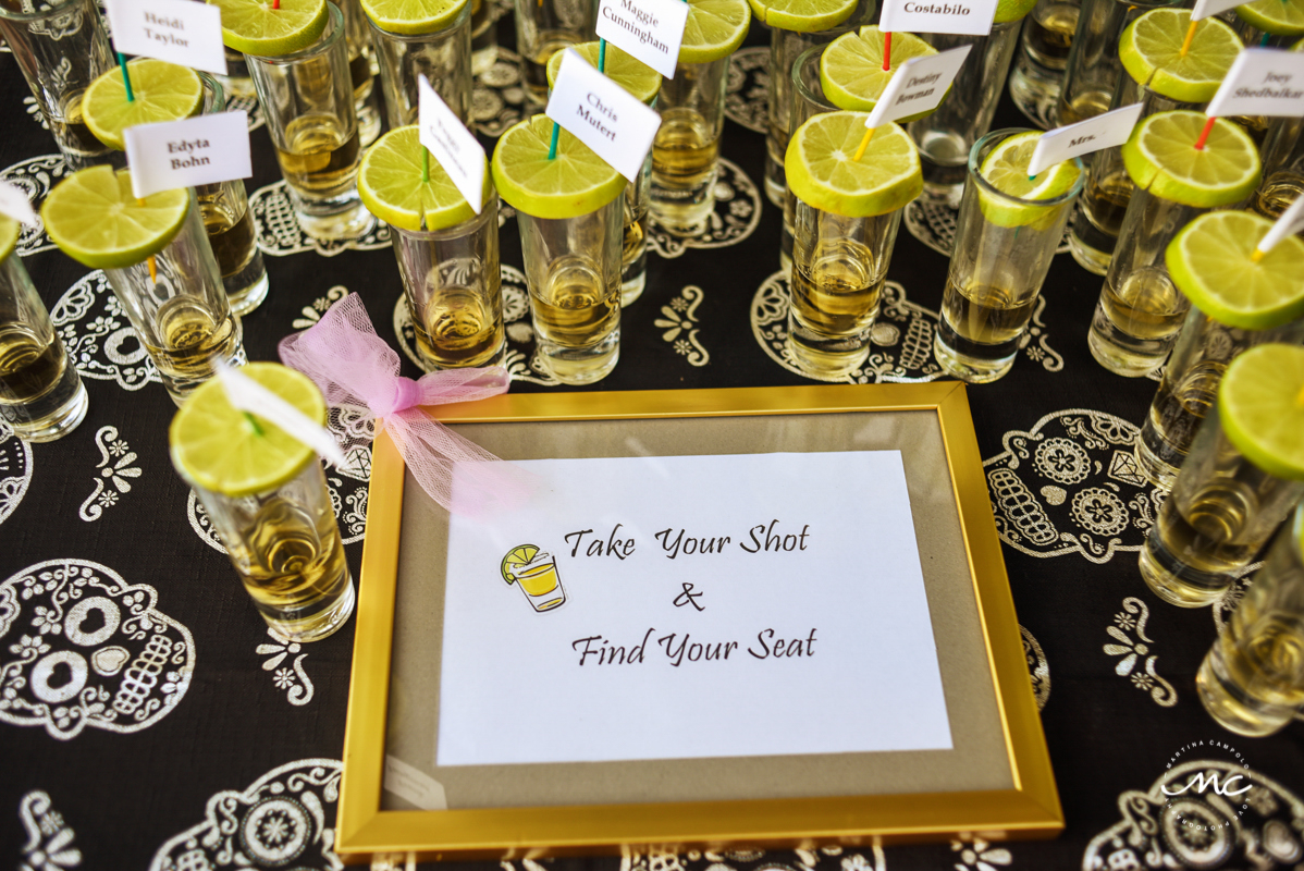 Tequila shot seating cards. Martina Campolo, Now Sapphire Riviera Cancun Wedding Photographer