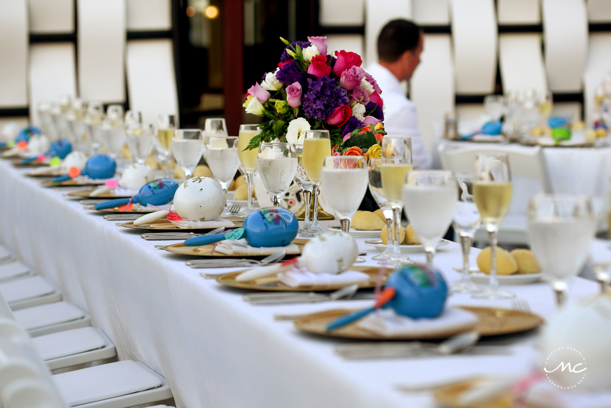 Wedding reception table decor with blue maracas. Now Sapphire destination wedding by Martina Campolo Photography