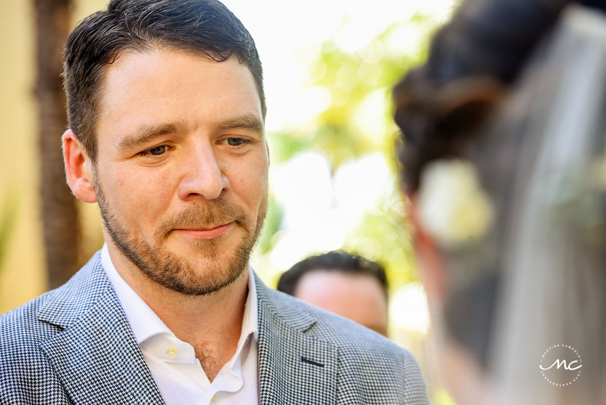 Groom close up at Hacienda del Mar garden wedding in Riviera Maya, Mexico. Martina Campolo Photography