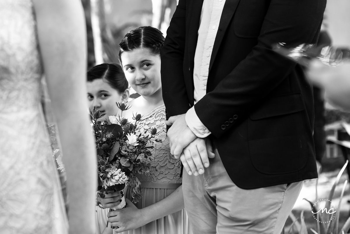 Black and white photo of flower girls at Hacienda del Mar Wedding in Mexico by Martina Campolo Photography