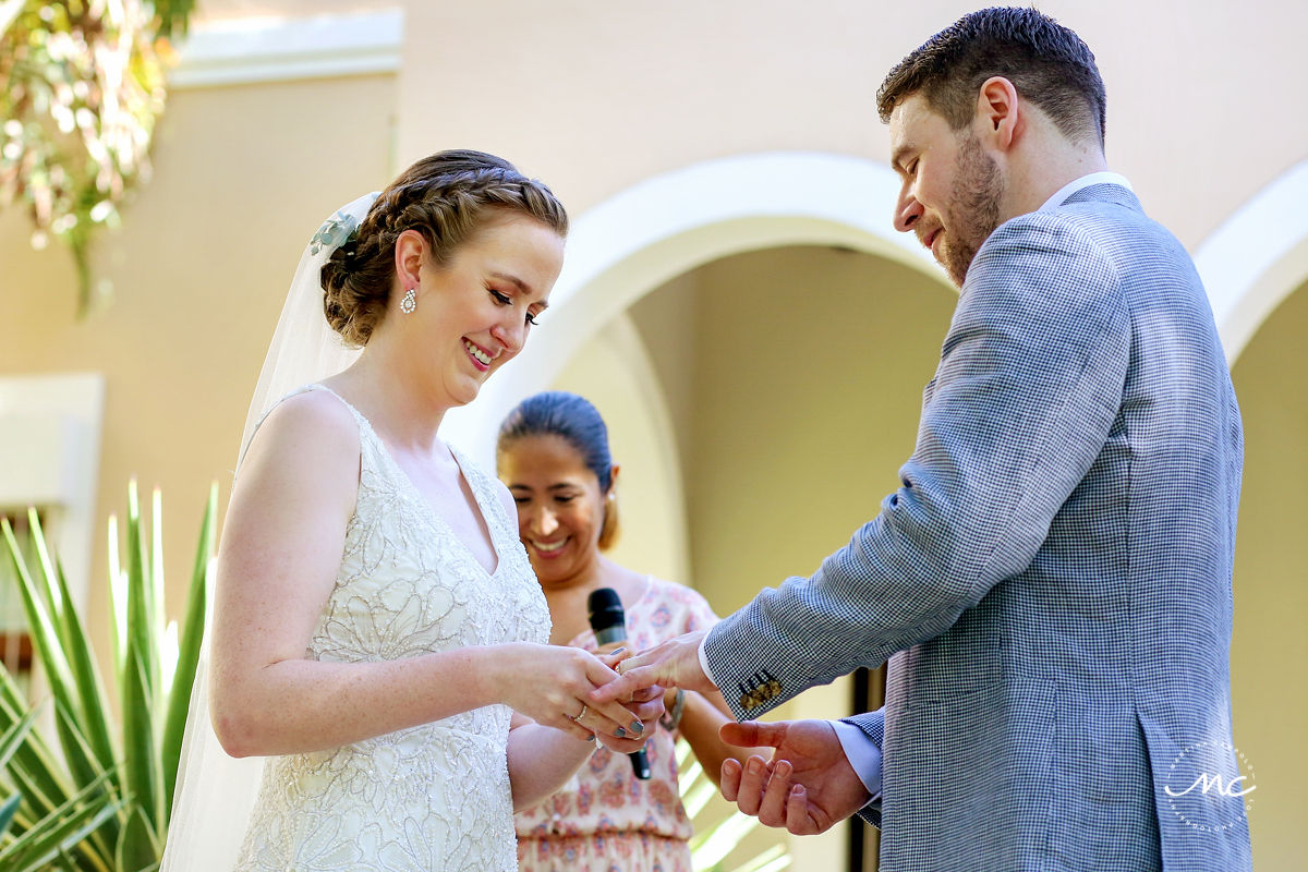 Ring exchange moment at Hacienda del Mar wedding in Riviera Maya, Mexico. Martina Campolo Photography