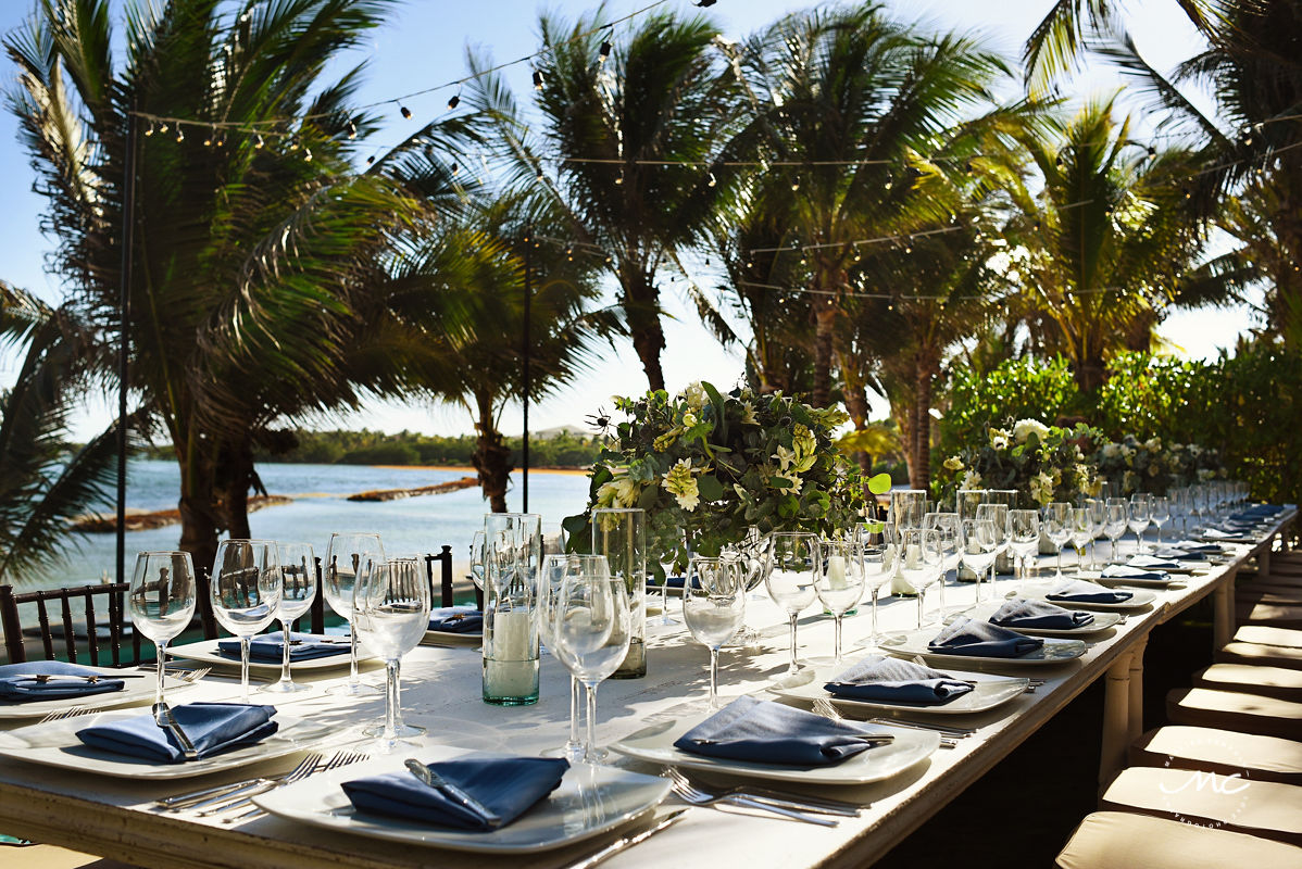 Nautical wedding table design with floral centerpieces at Hacienda del Mar, Riviera Maya, Mexico. Martina Campolo Photography