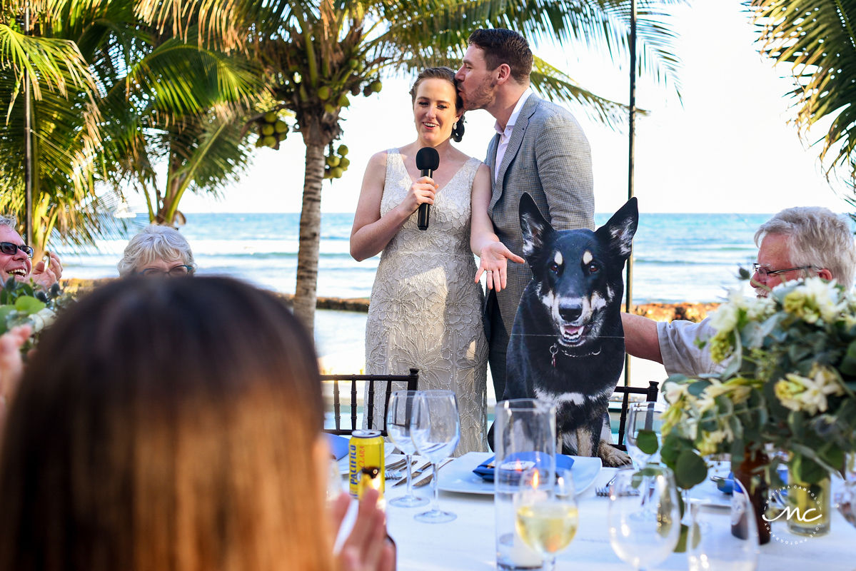 Bride surprises groom with life-size cut out image of their dog at wedding reception. Martina Campolo Riviera Maya Wedding Photography