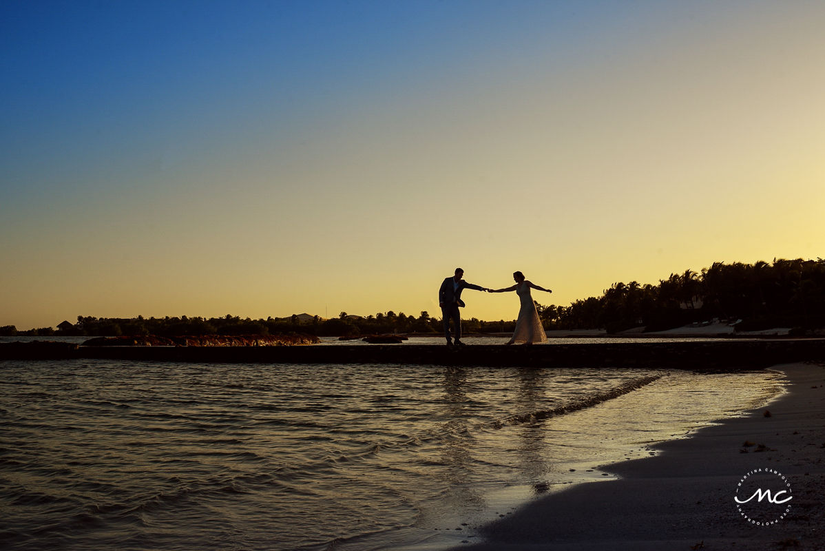 Bride and groom dance silhouettes at sunset. Hacienda del Mar wedding in Mexico by Martina Campolo Photography