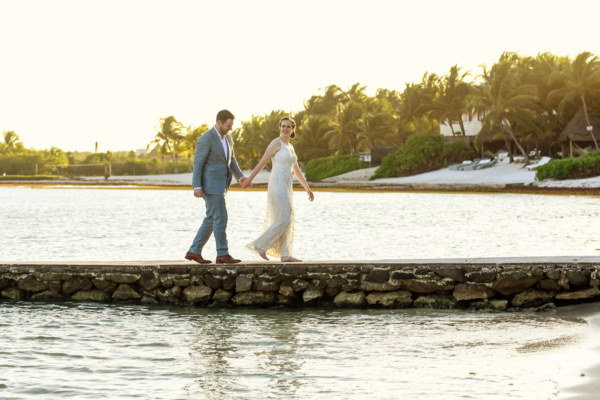 Destination bride and groom portraits on pier at Hacienda del Mar, Riviera Maya, Mexico. Martina Campolo Wedding Photography