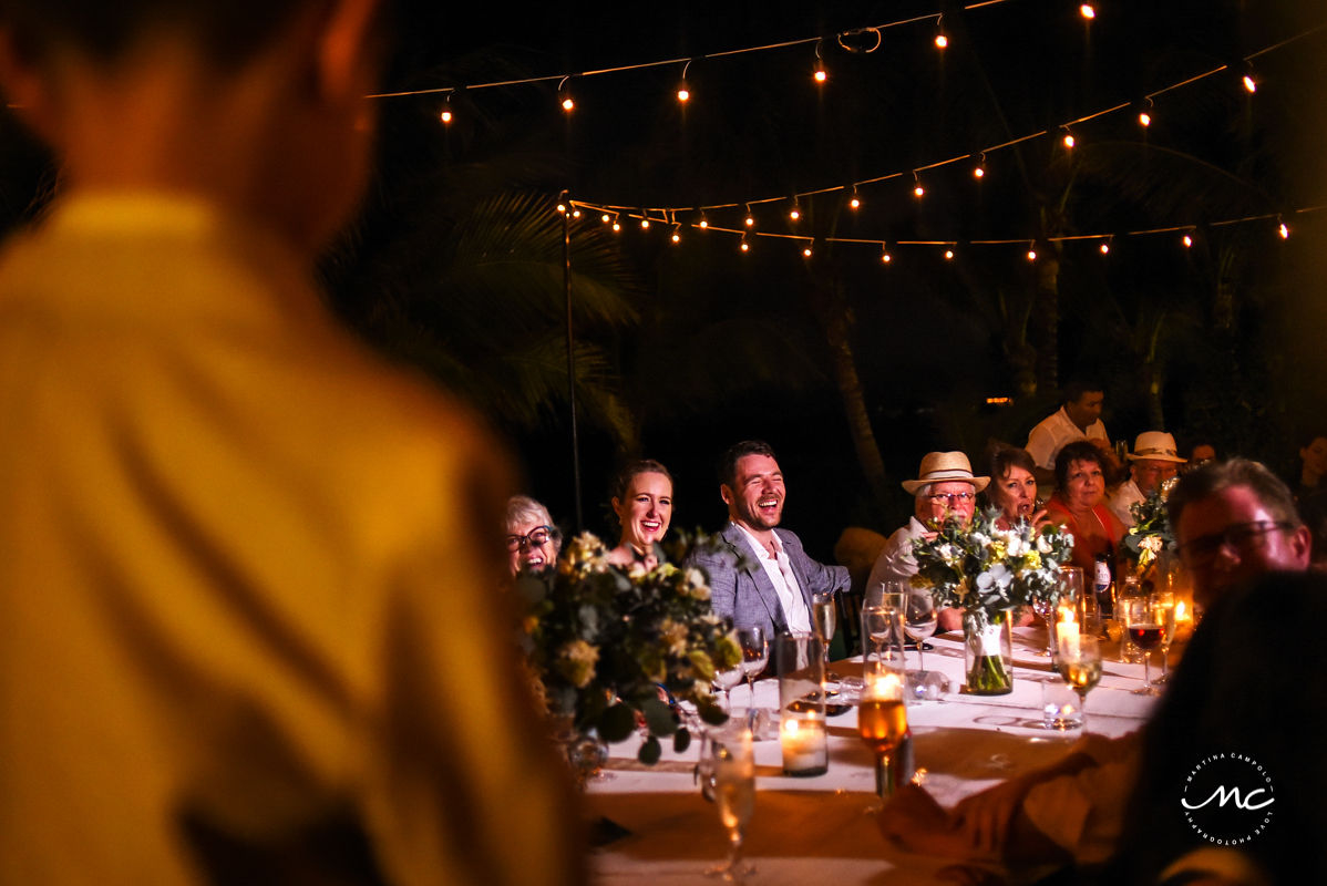 Outdoors wedding reception with bistro lights at Hacienda del Mar, Puerto Aventuras, Mexico. Martina Campolo Photography