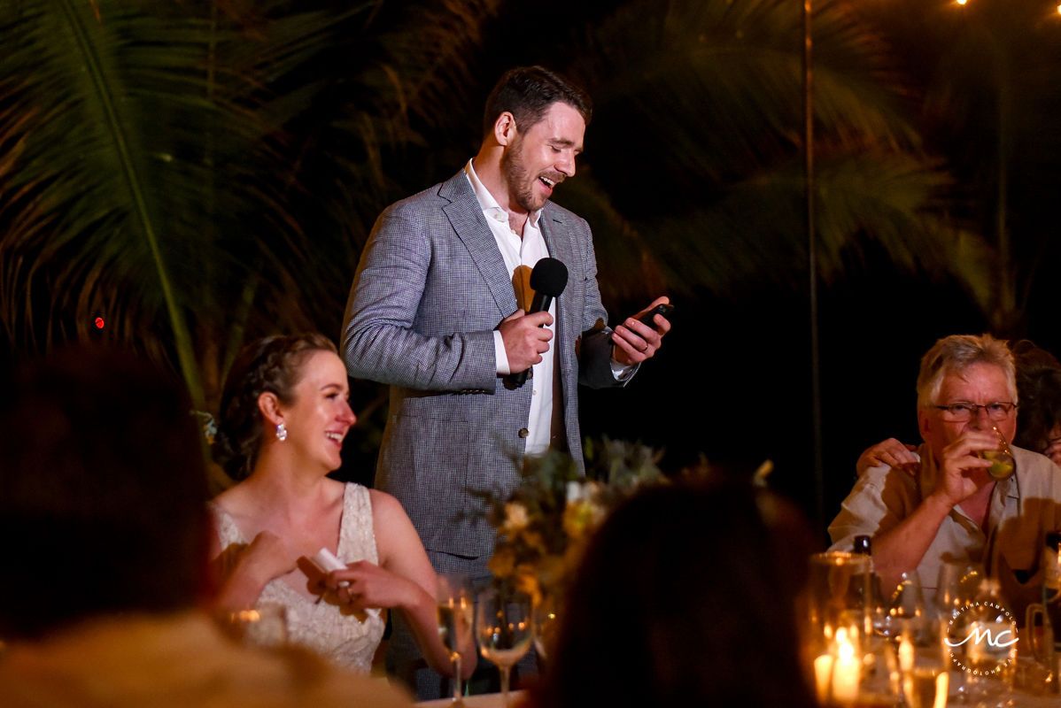 Groom's speech at Hacienda del Mar wedding reception in Mexico. Martina Campolo Puerto Aventuras Photography