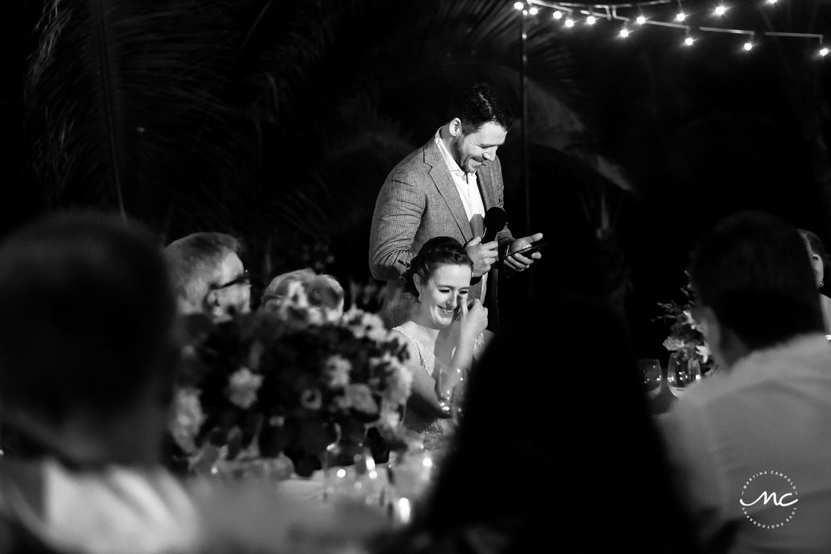 Black and white photo of groom's funny speech moment. Hacienda del Mar Wedding by Martina Campolo Photography