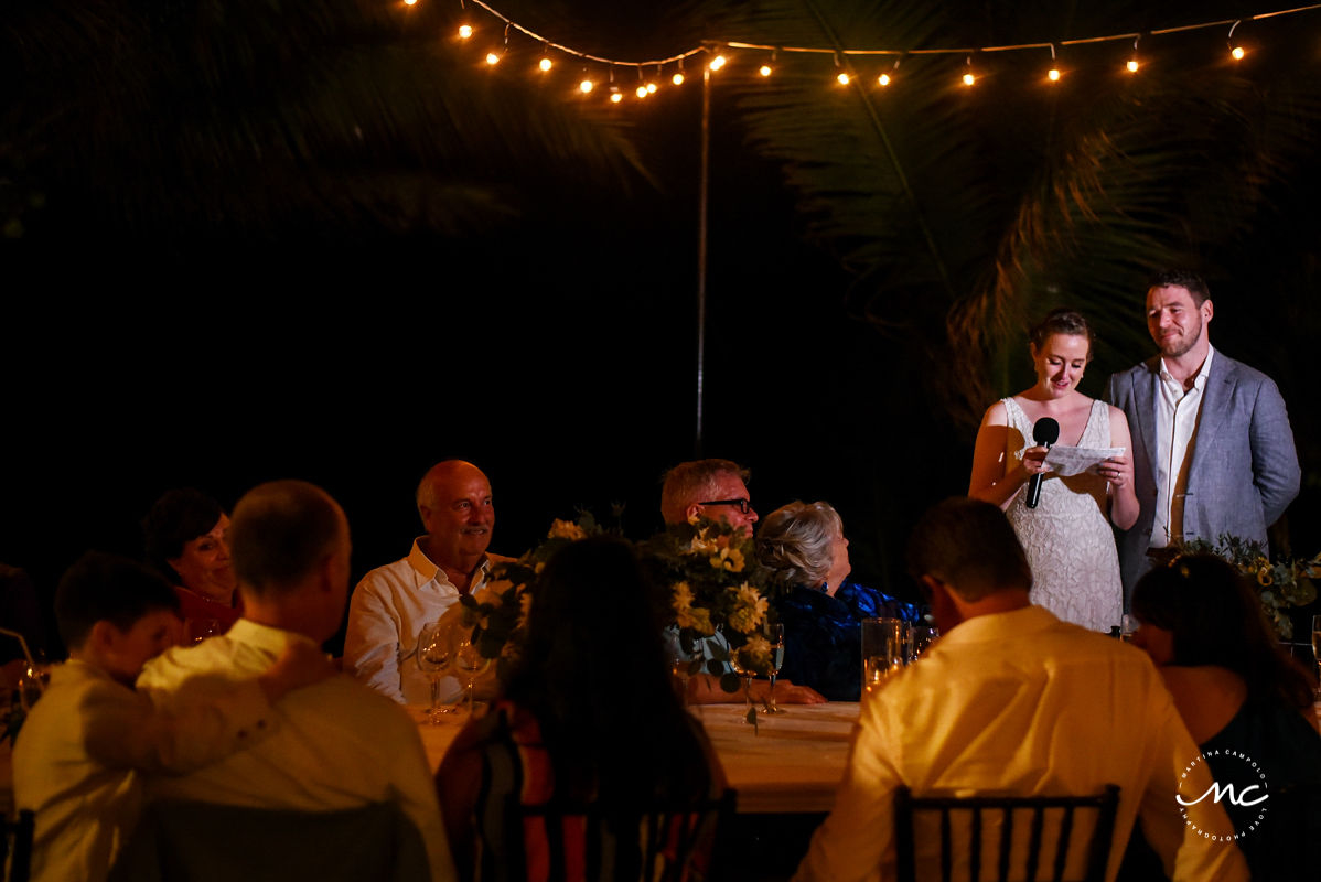 Bride's speech at wedding reception. Hacienda del Mar, Puerto Aventuras, Mexico. Martina Campolo Photography