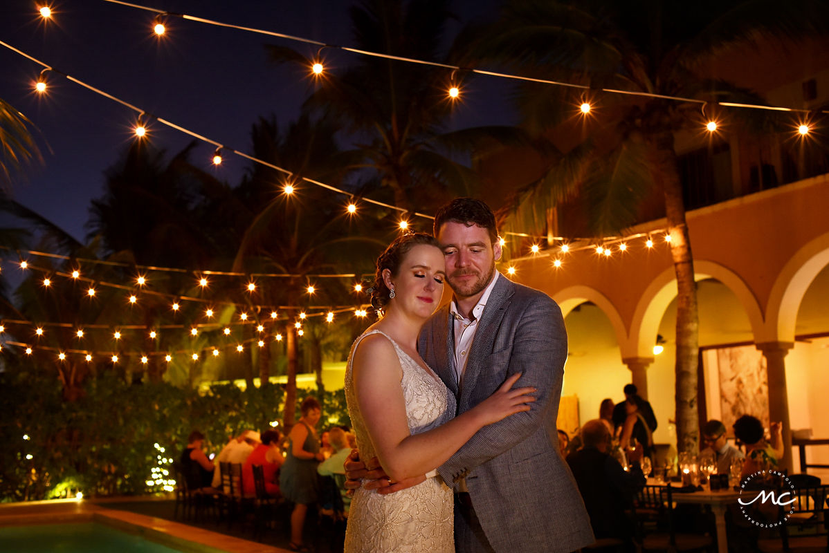 Bride and groom night portraits under bistro lights at Hacienda del Mar Wedding, Puerto Aventuras. Martina Campolo Photography