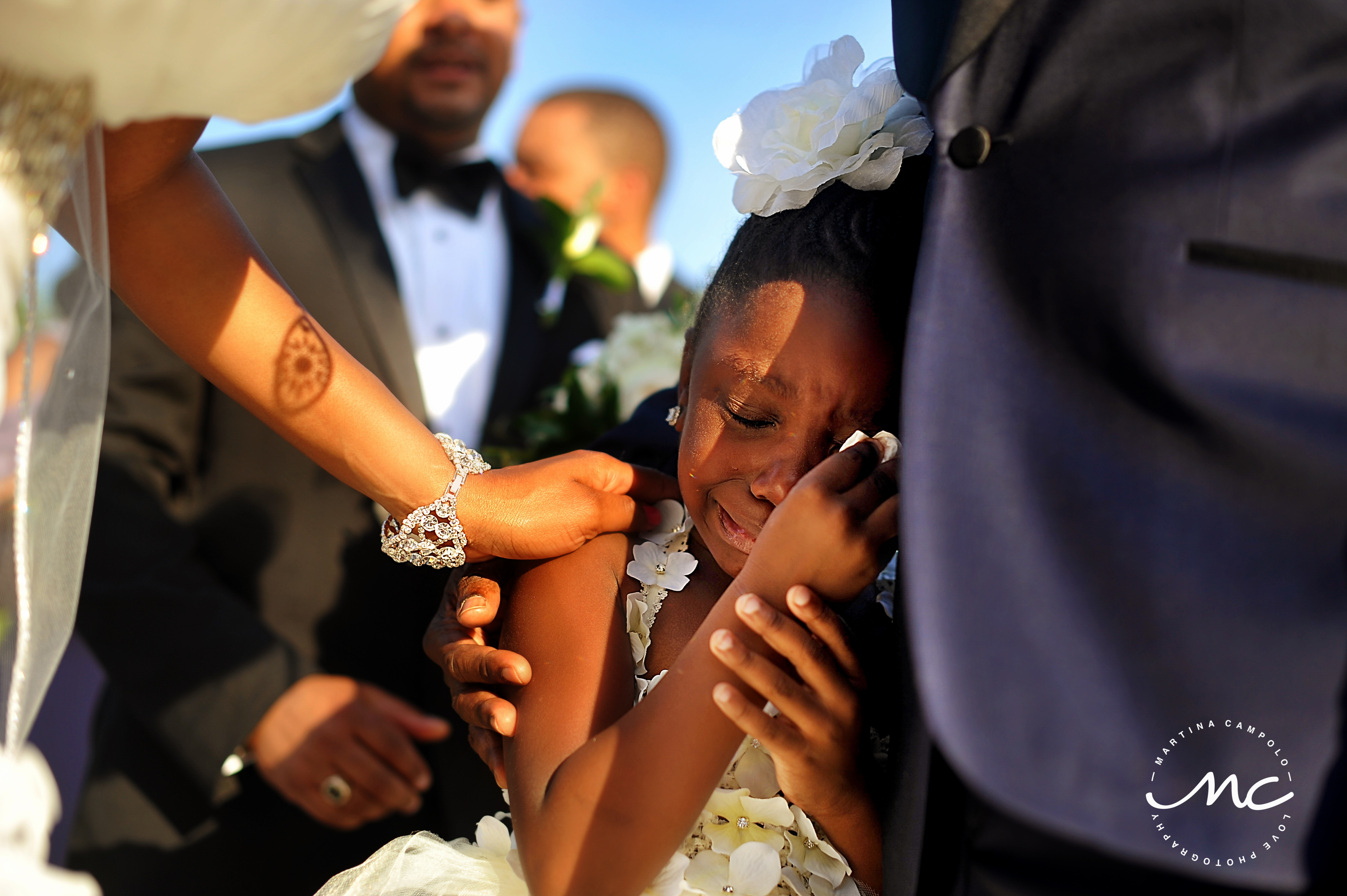 Emotional flower girl at Paradisus Playa del Carmen Wedding. Martina Campolo Photographer